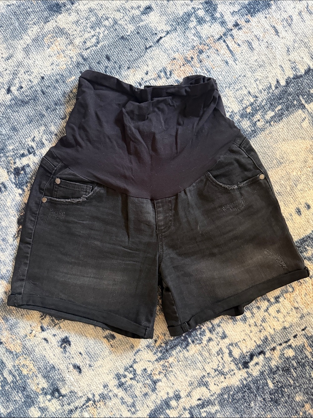 Indigo Blue Black High-Waist Maternity Denim Shorts